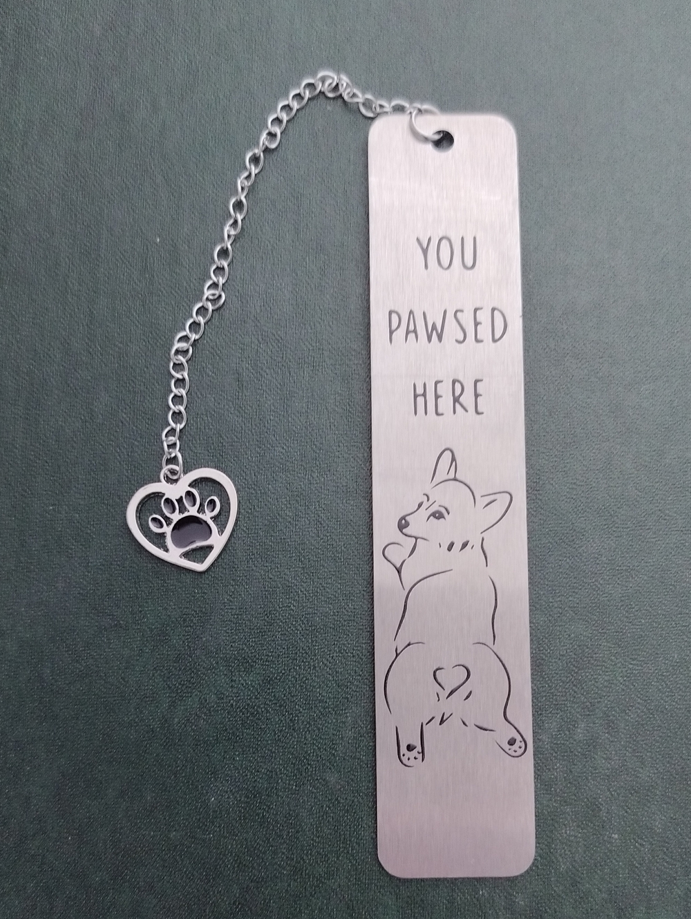 Silver Metal Bookmark with Pawprint Heart Charm - "You Pawsed Here" BRAND NEW
